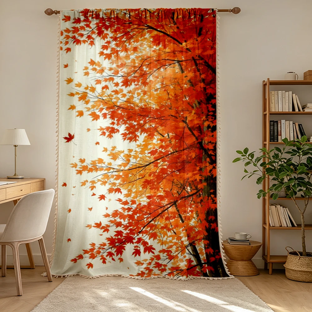 1PC Fall Tassel Sheer Curtains, Red Orange Maple Leaf, Digital Print, Linen Polyester, Bedroom Living Room, Rod Pocket