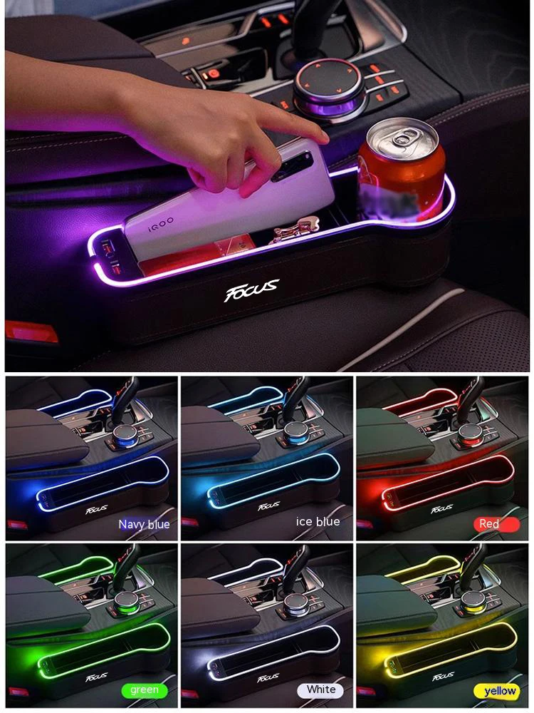 For Ford ST Focus Fusion Mondeo Edge Explorer Kuga Ecosport Escape Car LED 7 Colors Adjustable Seat Gap Crevice Slot Storage Box