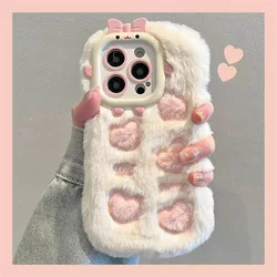 Korean Cute Love Heart Fluffy Fur Cases For iPhone 17 16 Pro Max 15 14 Plus 13 12 11 Winter Warm Furry Soft Silicone Back Cover