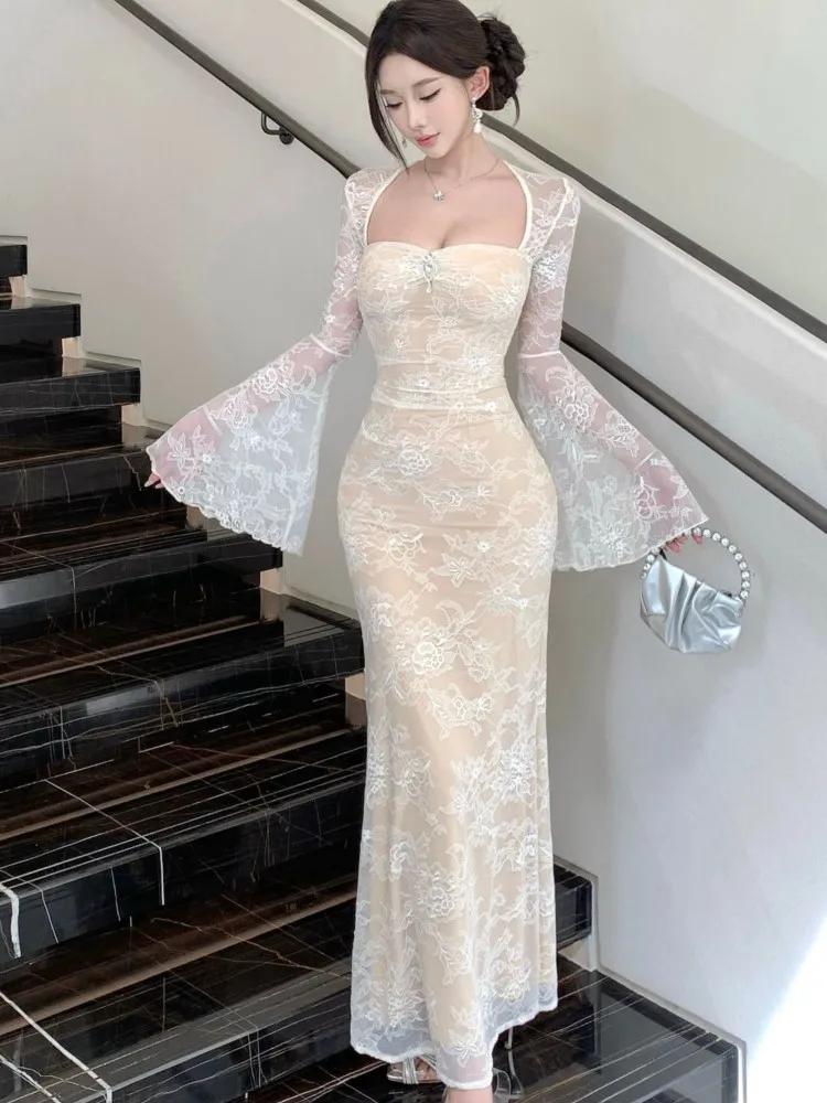 

Women Sexy Chic Bodycon Midi Dress Autumn Elegant Lace Long Sleeve Slim Casual Print Party Prom Robe Female Vestidos New Clothes