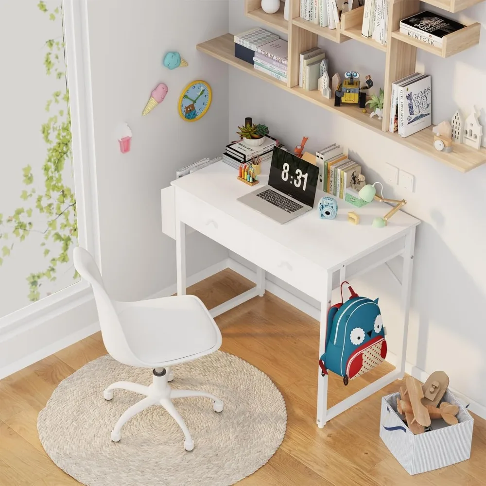 Small White Desk with Drawers - for Bedroom, 32 Inch Home Office Computer Desk with Fabric Storage Drawer and Bag, Desks