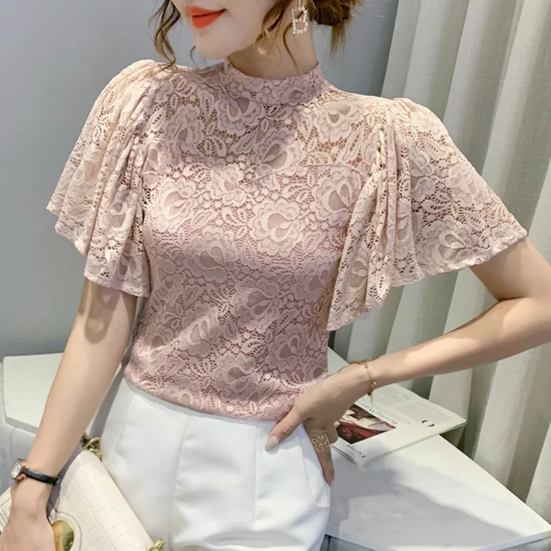 Summer Lace Tops Women 2024 Elegant Fashion Hollow Out Casual Blusas Mujer Korean Style Clothes Flare Sleeve White Black Blouses