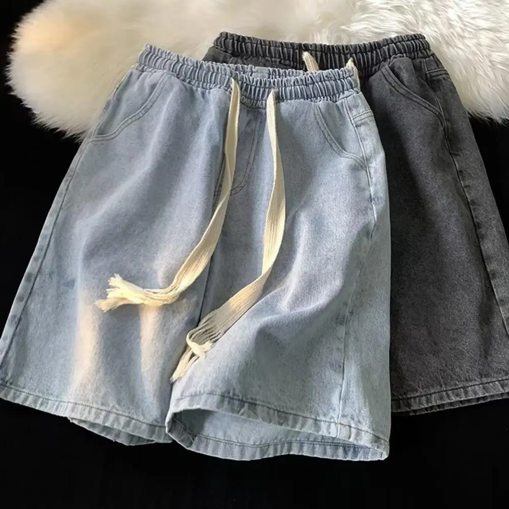 Men Wide-leg Denim Shorts Men's Quick-drying Denim Beach Shorts with Elastic Waistband Pockets Summer Casual Wide for Comfort