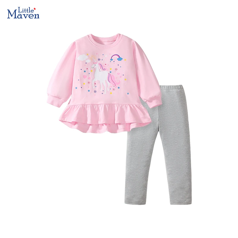 Little maven Baby Girls 2024 Autumn Children\'s Clothing Cotton Cartoon Unicorn Sweatershirts Tops+Legging Sets Clothes for Kids