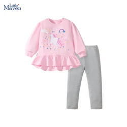 Little maven Baby Girls 2024 Autumn Children's Clothing Cotton Cartoon Unicorn Sweatershirts Tops+Legging Sets Clothes for Kids