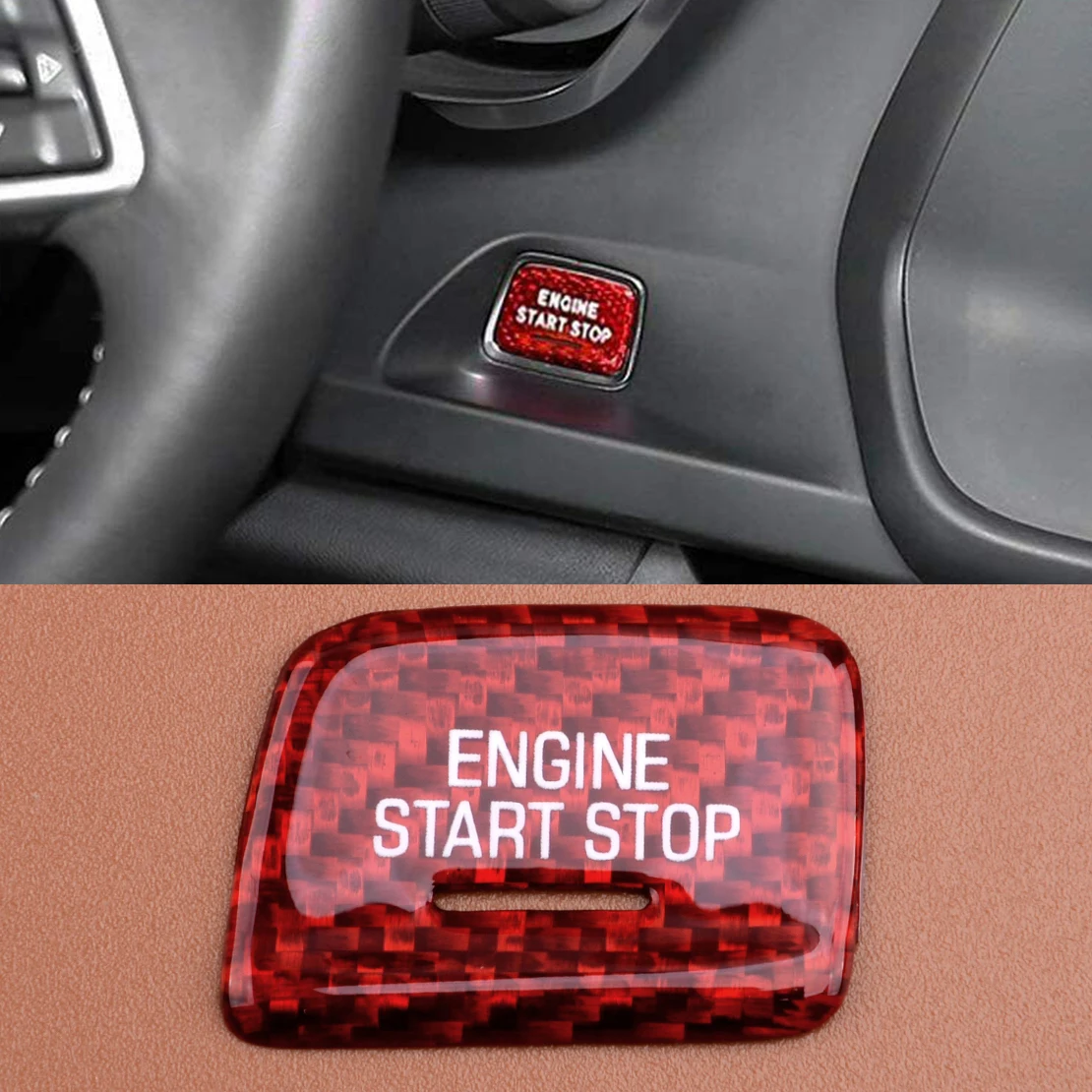Car Red Carbon Fiber Keyless Engine Start Stop Button Trim Cover Decor Fit for Chevrolet Camaro Corvette C7 2016 2017 2018 2019