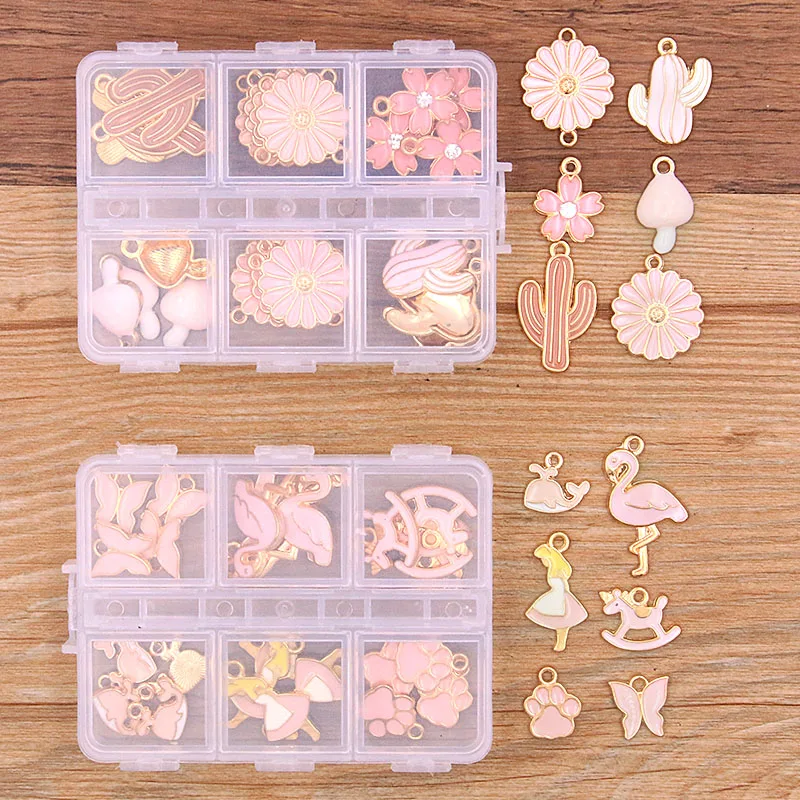 

1Set 30Pcs/Lot 6Styles Animal Plant Charm KC Gold Drop Oil Pendant Kit With Box Material For DIY Jewelry Earring Bracelet Making