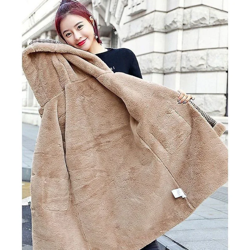 Autumn Winter Wool Coat Women Plaid Sheep Shear Leather Fur Mid Long Coats Plus Velvet Thick Hooded Warm Wool Lady Coat