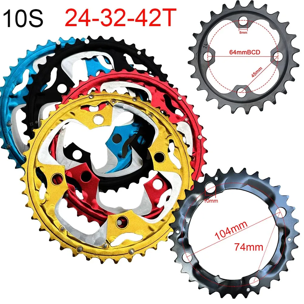 24T 32T 42T 10 Speed 10V Mountain Bike Chainwheel 42 Gear Chainring MTB Crank Chain Wheel Sprocket Groupset 104 BCD 64BCD Star