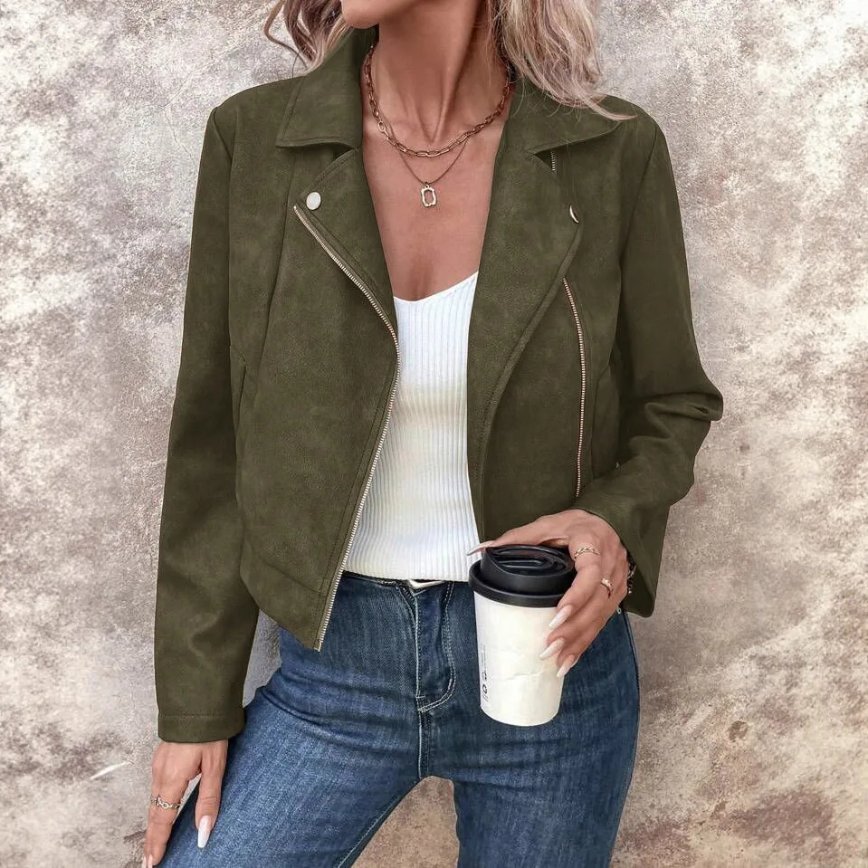 2026年レディースファッションフェイクスエードショートジャケットジッパー細身フィット防風保温質感多用途オフィス通勤カジュアルアウター