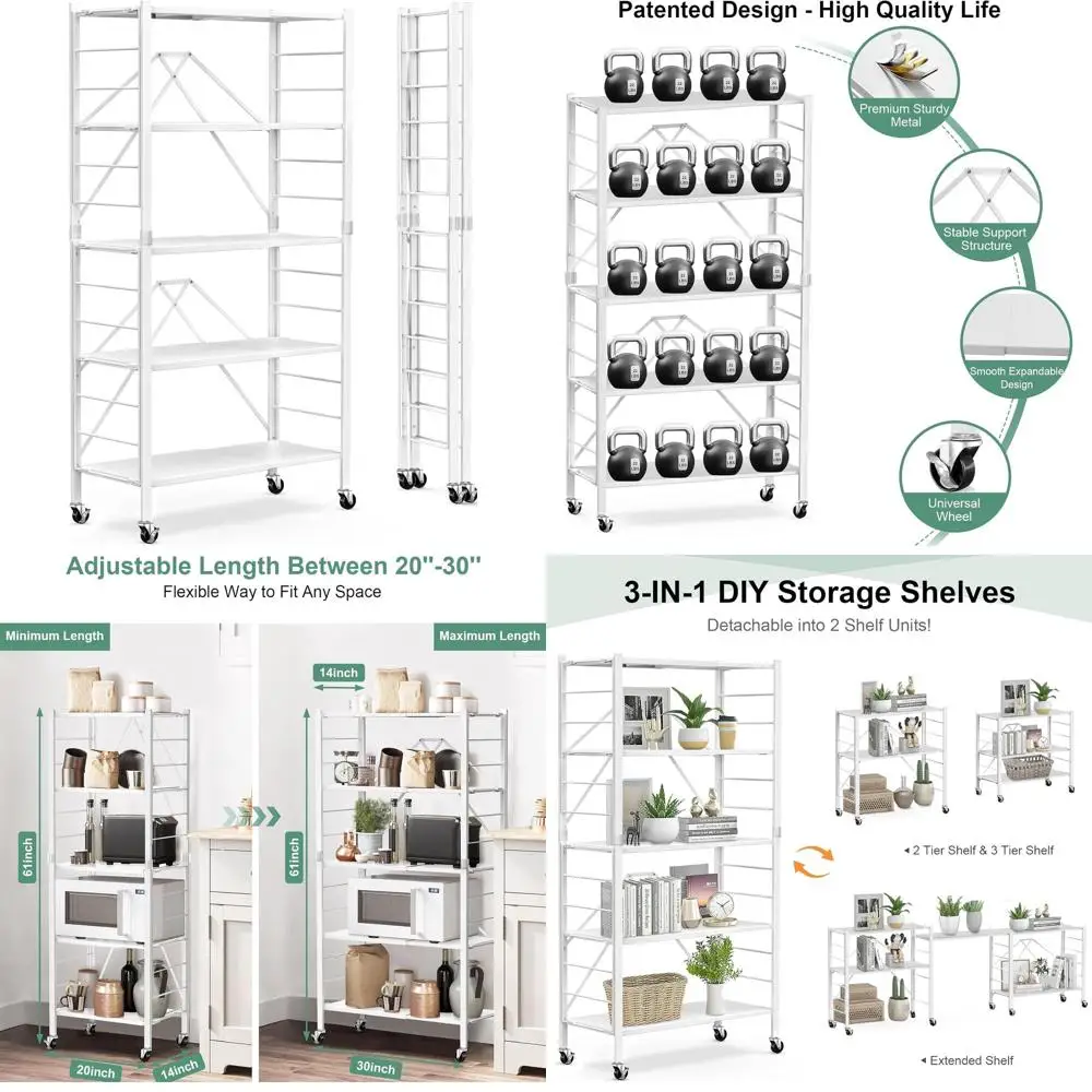 Регулируемые 5-уровневые складные металлические полки на колесах, стеллаж для хранения на 2 предмета, для кухни, комнаты, гаража, белый