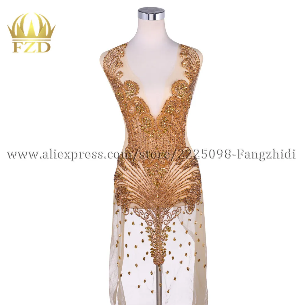 FZD 1 Piece Gold All rhinestones Crystal Stone Beaded Bodice Patches beads Apparel for Wedding Dresses, DIY Decorative Clothing