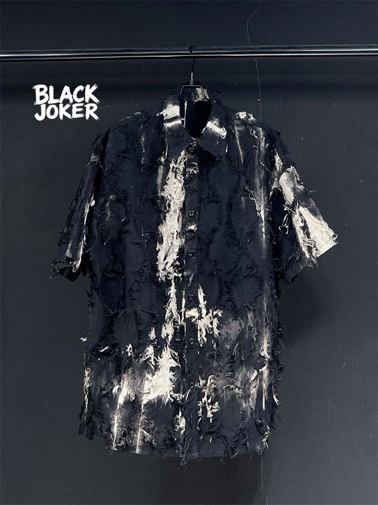 BLACK JOKER Original Design New Black Grey Tie Dye Tassel Loose Casual Short Sleeve casual short-sleeved shirt unisex tops