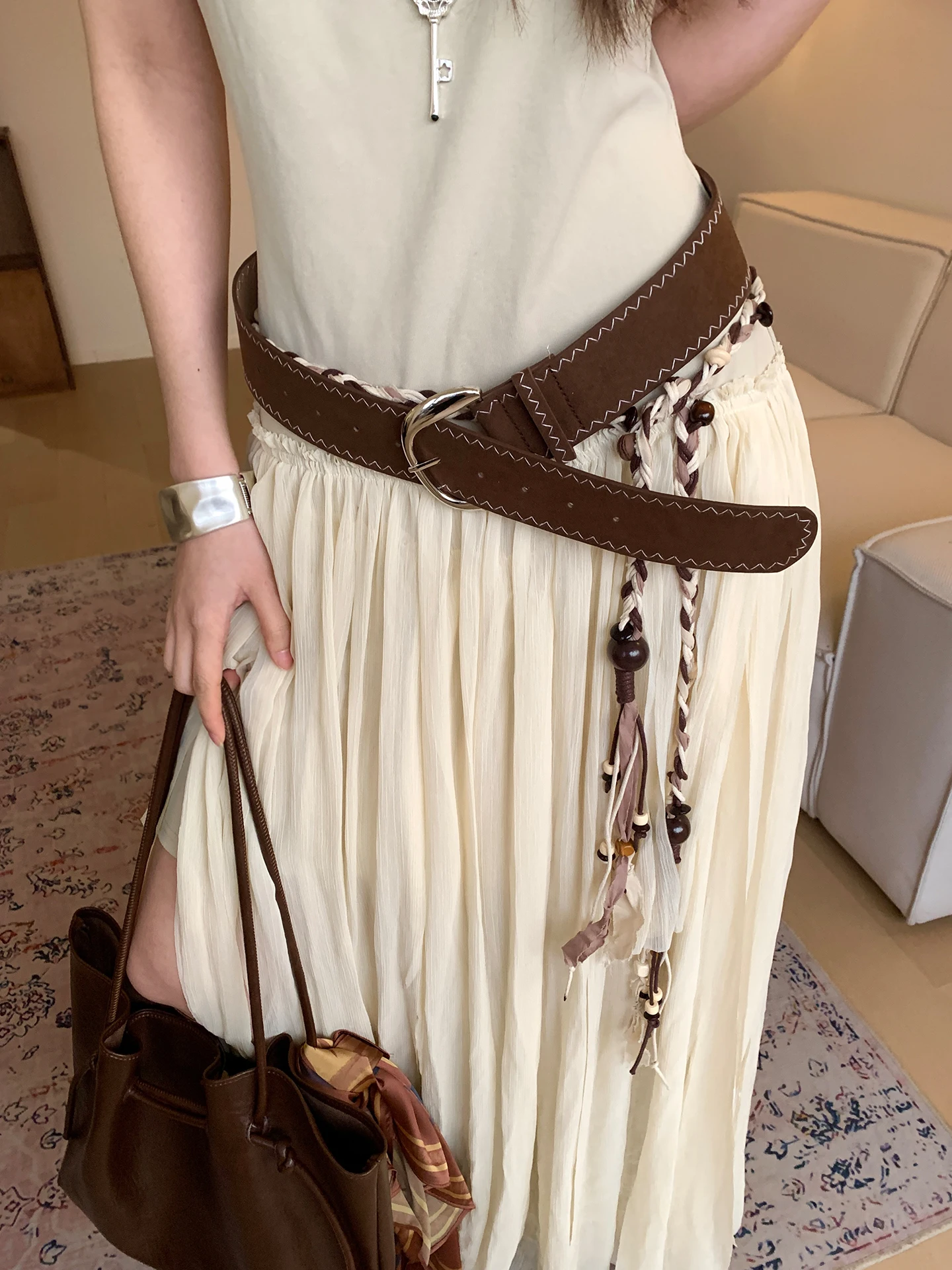 Vintage Maillard Coffee Suede Wide Belt Women's Niche Slimming Waist Cincher Belt For Dresses