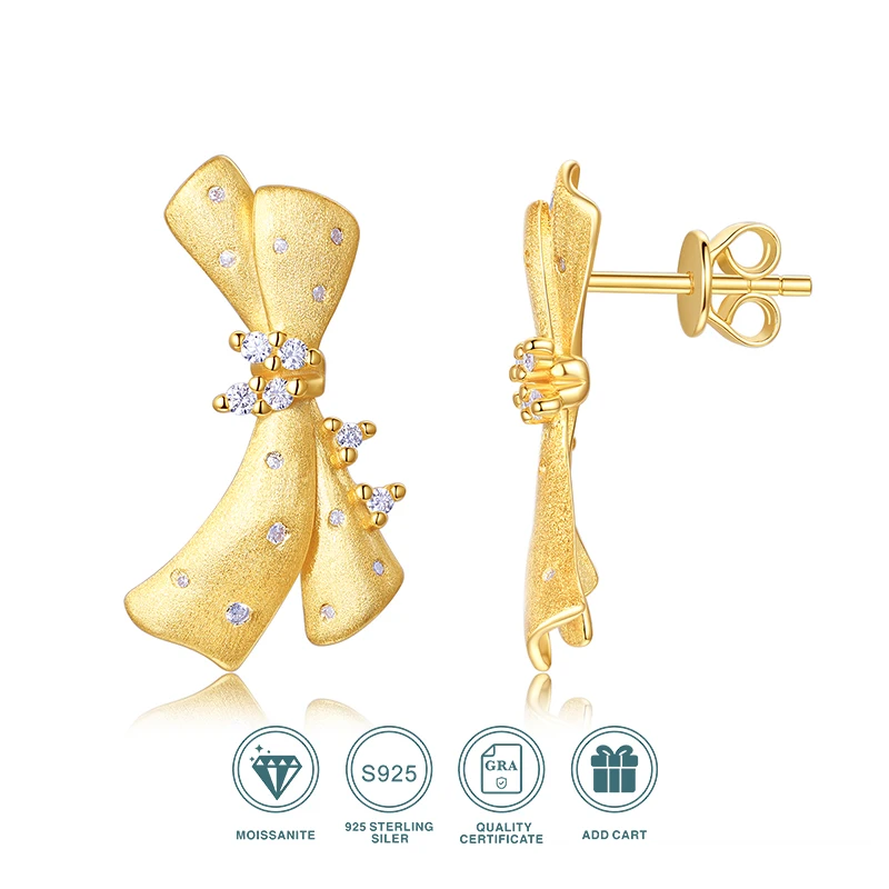 

JIUZUAN 2pcs S925 Silver 18K Gold Plated Bow Moissanite Earrings for Women Minimalist Italian Craft Daily Wear Stud Earrings