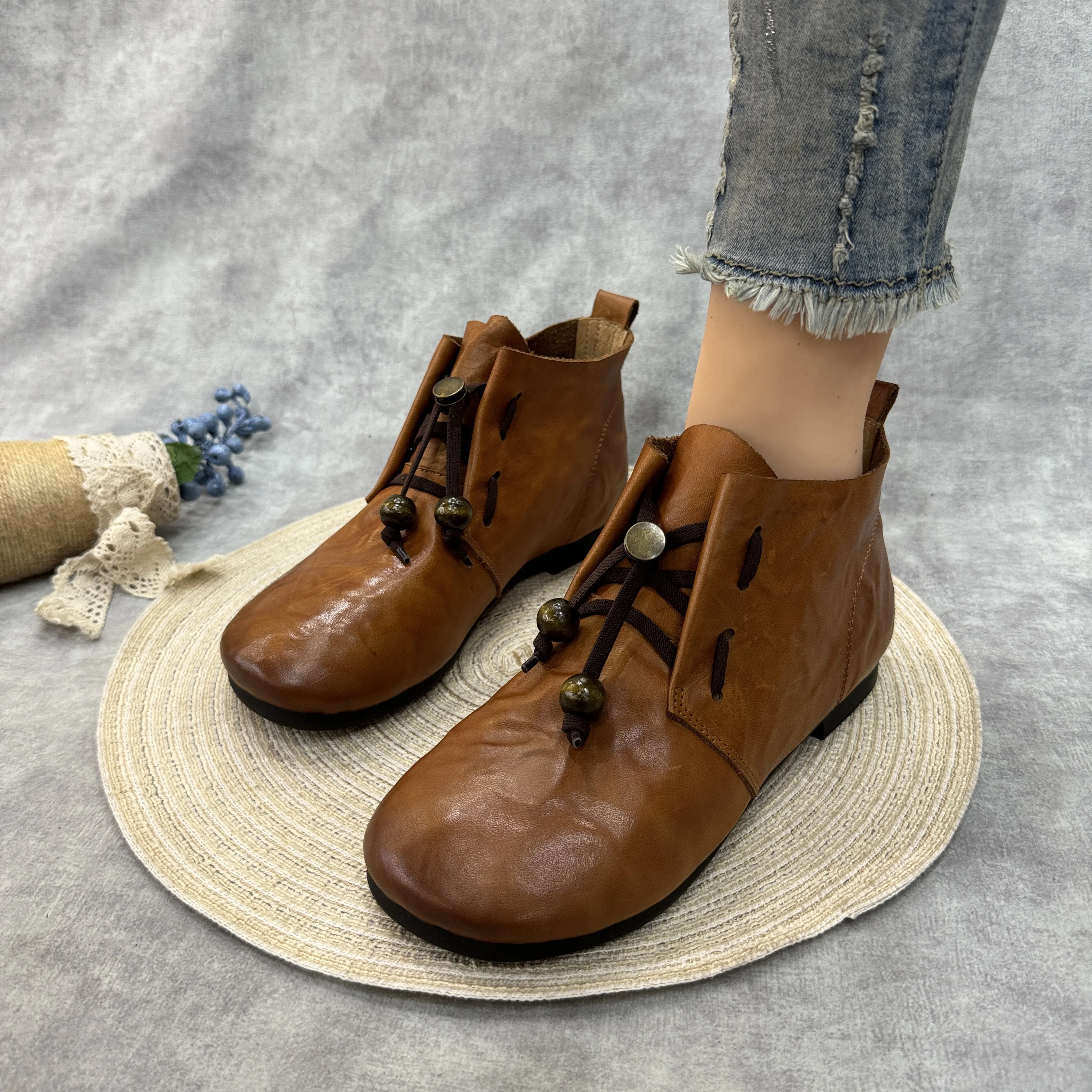 

Birkuir Retro Lace Up String Bead Women Ankle Boots Short Boots Flat Heel Shoes Soft Soles Genuine Leather Handmade Casual Shoes