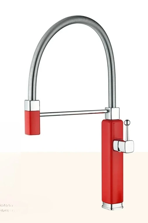 Faucets Brass Red Pull Out Sink Faucet  Spring Spout Mixers Tap Hot Cold Water