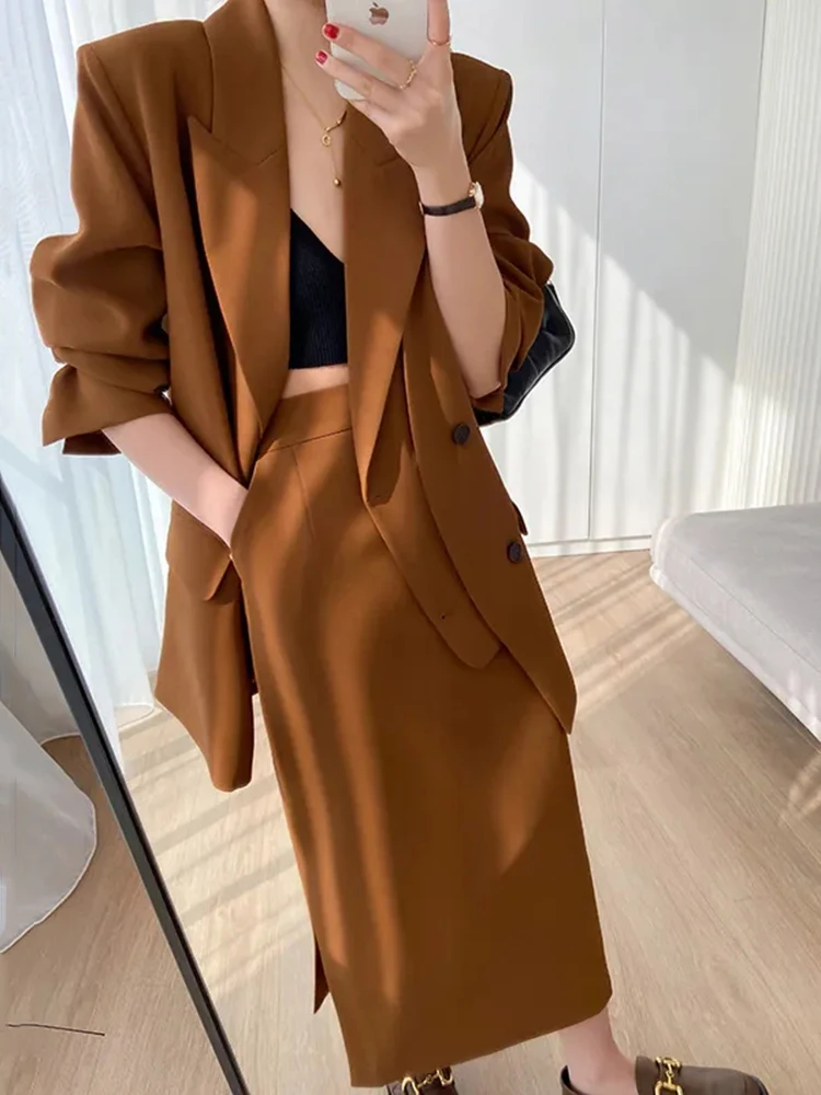 

Elegant Office Blazer Women Suits High Waist Split Skirt 2 PC Sets Female Long Sleeve Loose Blazers For Women Spring 2024