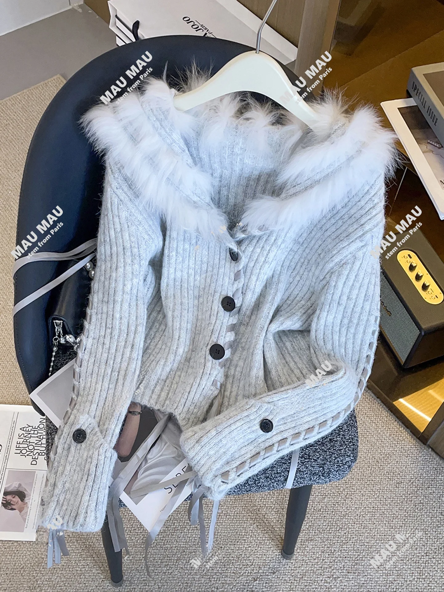 

Ele Women's Knitted Cardigan with Ostrich Feather Belt Lazy Sle Sweater High End Autumn Winter Faion Ladies' Coat