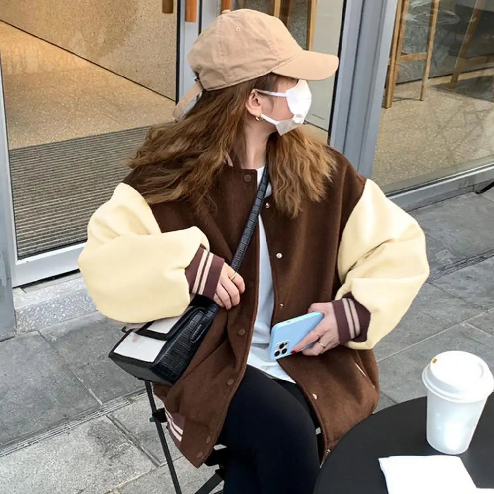 Women Baseball Coat Color Matching Elastic Cuff Hem Stand Collar Unisex Loose Outwear Single-breasted Retro American Style Stree