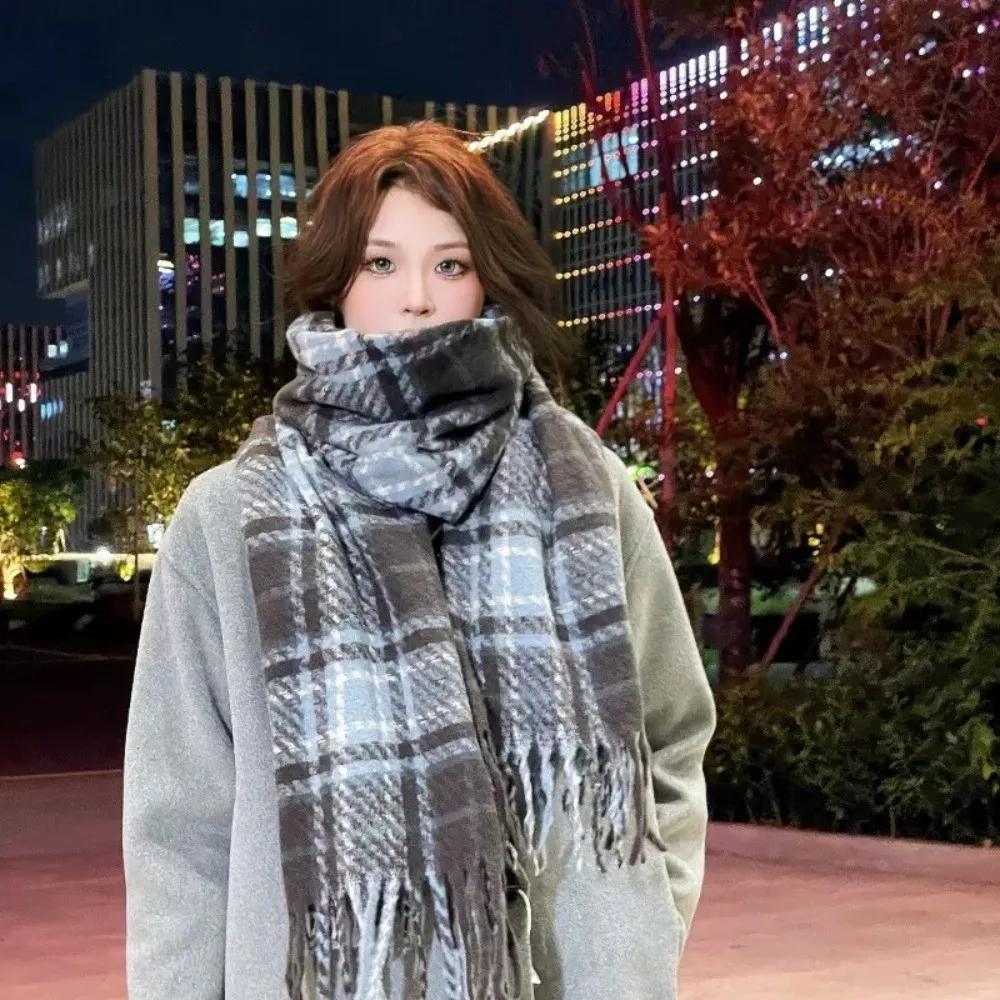 

Ретро клетчатый шерстяной шарф из пашмины с кисточками, плюшевые зимние кашемировые шарфы, теплая утолщенная длинная шаль, осень-зима