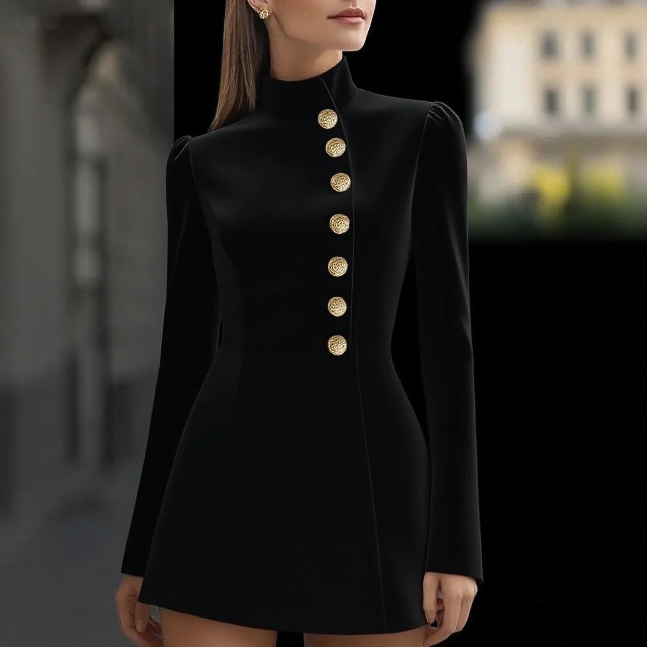 Modisches, einreihiges, schmal geschnittenes, formelles Minikleid mit Stehkragen für Damen