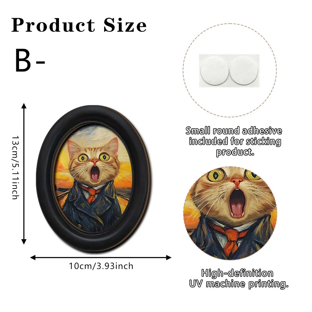 New 2D Abstract Wall Art Oval Shaped Wooden Wall Decor UV Printed Black Frame Cat Portrait Decor Home