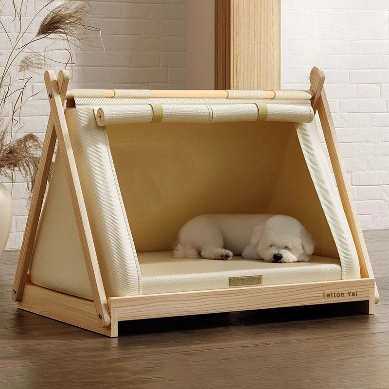 Indoor Dog Tent Solid Wood Base Dogs Bed Removable Moisture-proof Puppy House Double Door Breathable Comfortable Pet Tents