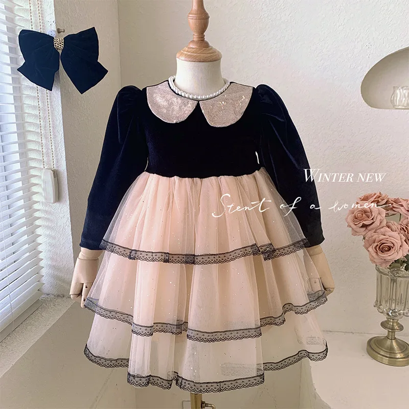 

Girls' Long Sleeve Sweet Sequin Dress Autumn Winter Elegant Lady Cake Layer Fleece Princess Dress Tide