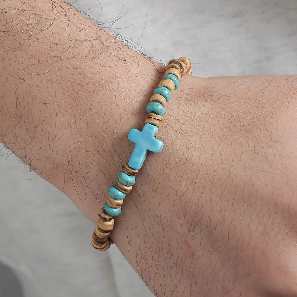 Bohemian Coconut Shell Wood Chips Cross Bracelet For Men Retro Handmade Beaded Jewelry Fashion Accessories Gifts view 4