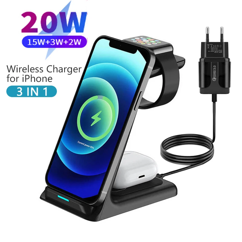 20W 3 in 1 Wireless Charger For iPhone 13 12 11 XS XR Fast Charging Dock Station For Apple Watch 7 6 5 Airpods pro Charger Stand