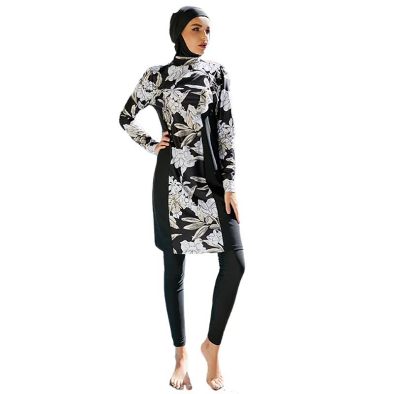 Elegant Big Flowers Print Muslim Swimsuit Burkini for Women With Hijab Full Cover Black Patchwork Islamic Bathing Suit