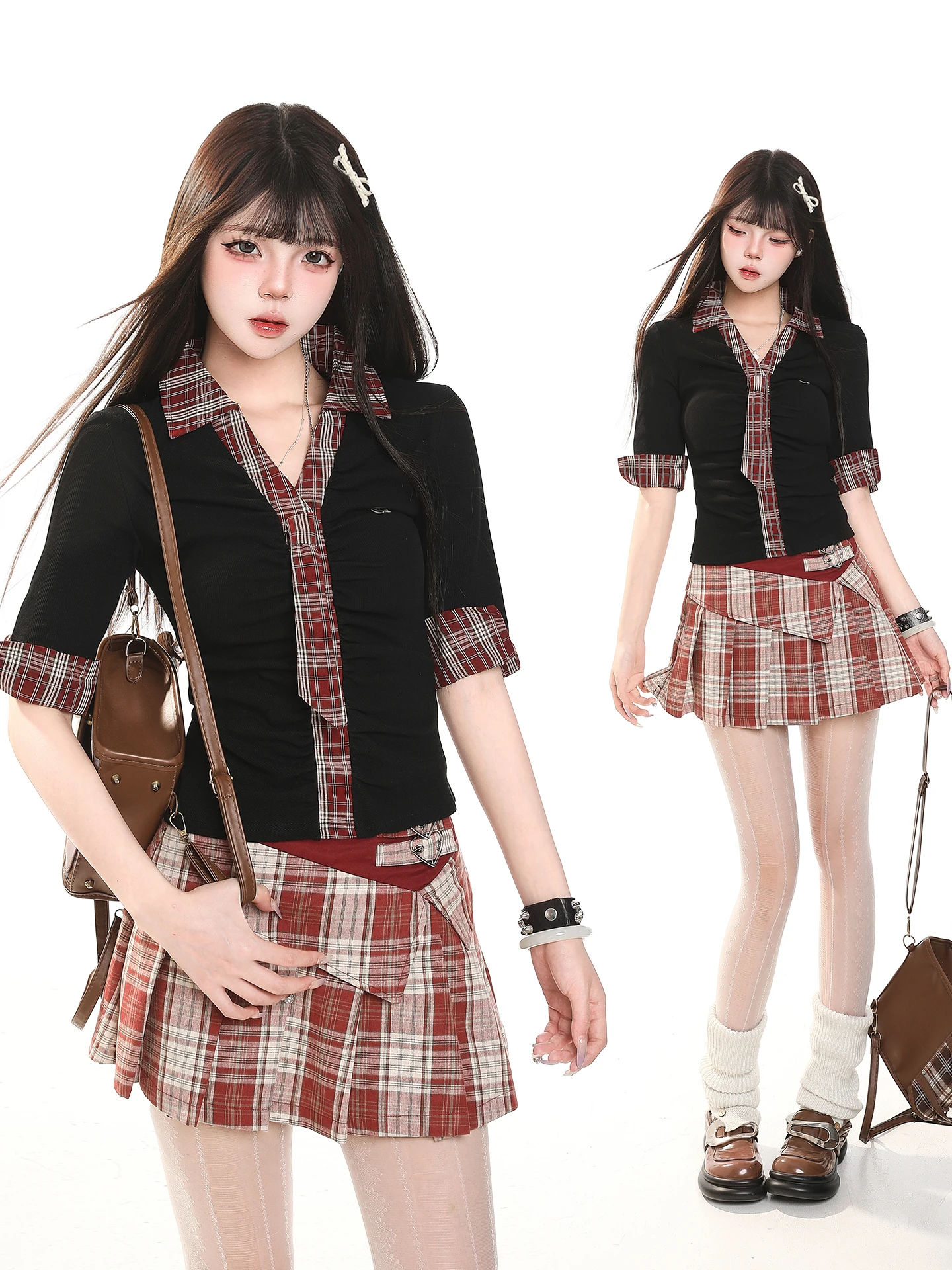 American College Style Plaid Short Sleeve T-Shirt Women's Summer Waist-Cinching Slimming Age-Defying High-End Top