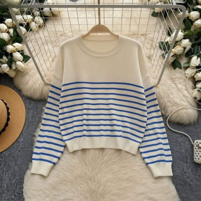 Loose Casual Ladies Color‑Block Striped Knit Pullover Sweater Elastic o Neck Long Sleeve Jumper Women Autumn Winter Fashion Tops