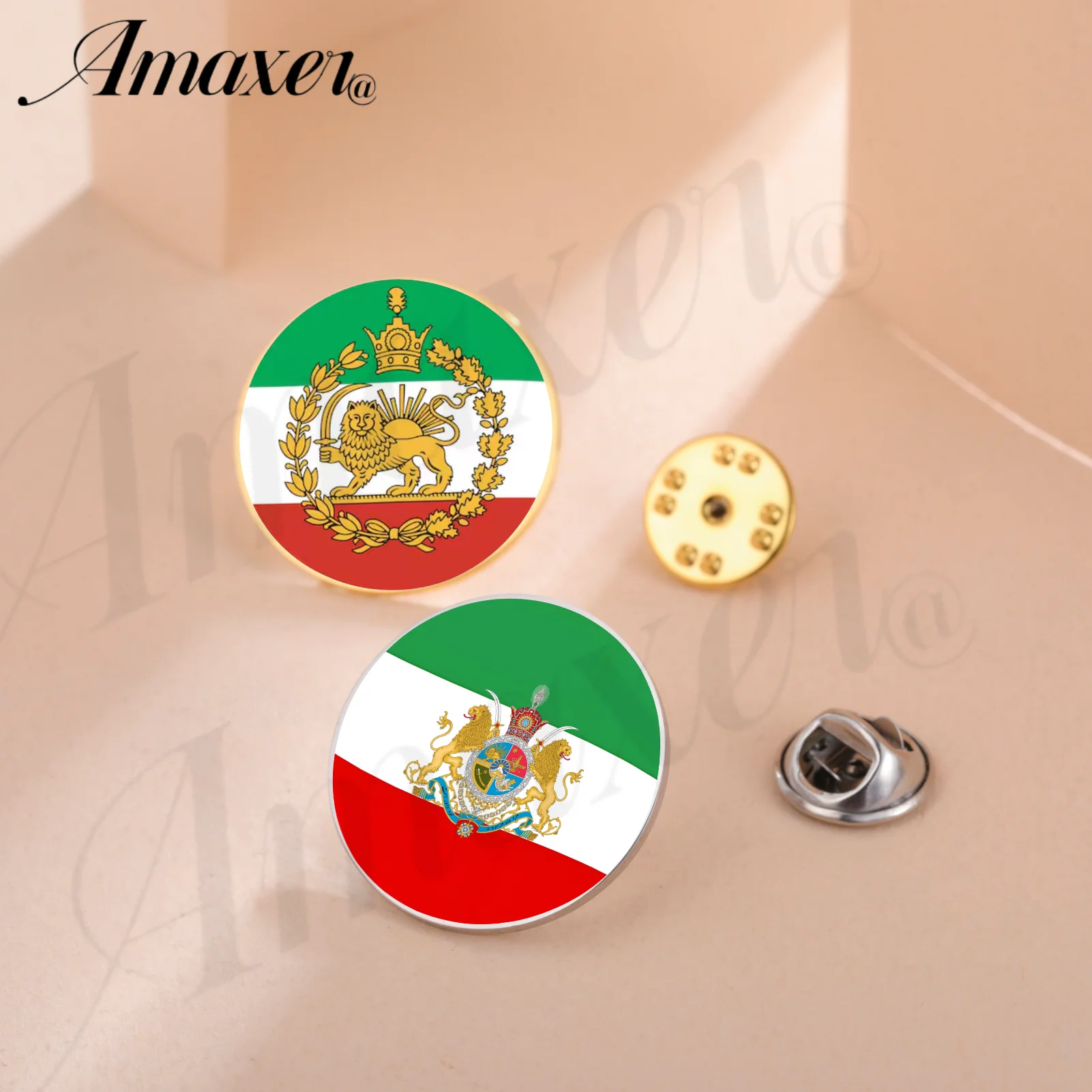 Lion and Sun of Persia Enamel Pin Button Iranian Flag Pin Green Red White Persian Heritage Badge for Women Men Jewelry Gifts