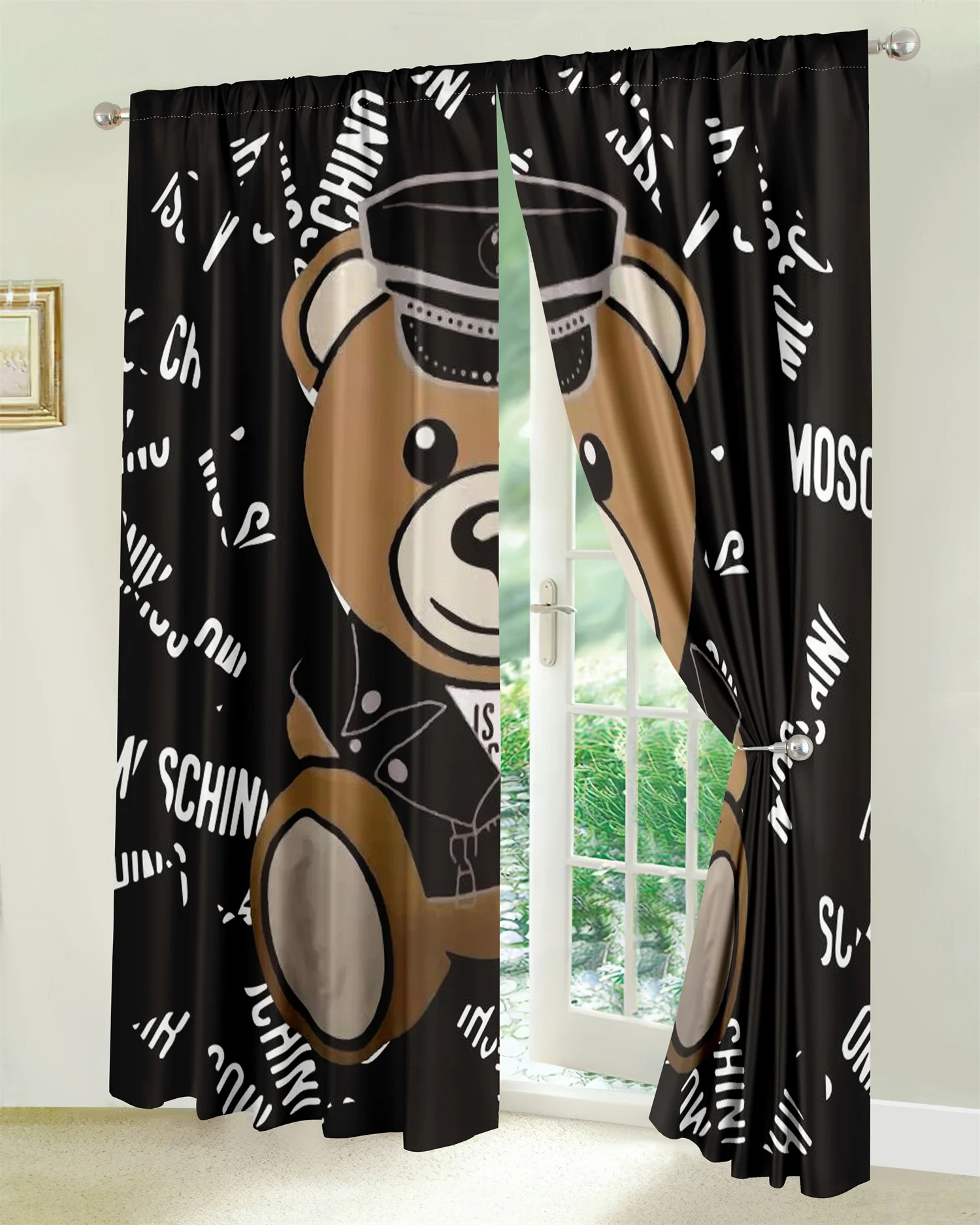 Children's Kids Adult Cute Cartoon Funny Bear Fashion 2 Pieces Light Filtering Curtain for Living Room Bedroom Window Drape