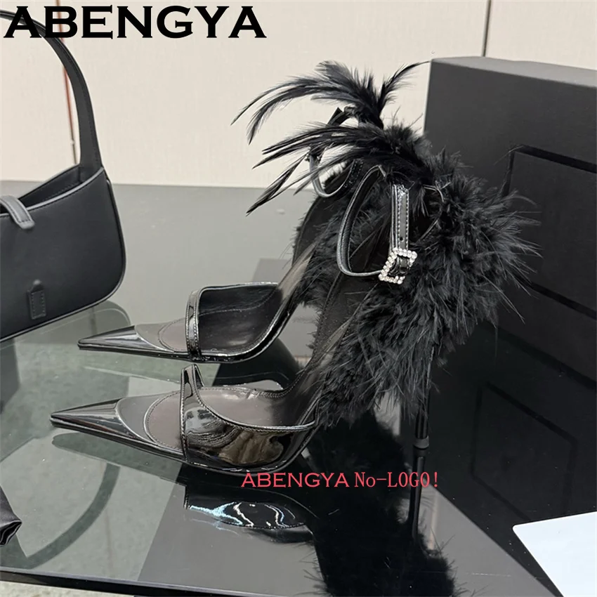 

2026 New Hot Feather Tassel Thin High Heel Sandals Women Ankle Buckle Pointy Toe Gladiator Sandals Summer Sexy Dress Party Shoes