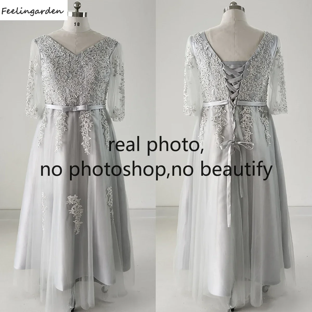 Feelingarden-vestido de noche personalizado con foto Real, apliques grises, cuello en V, con cordones, corte en A, largo hasta el suelo, vestidos formales de fiesta de talla grande