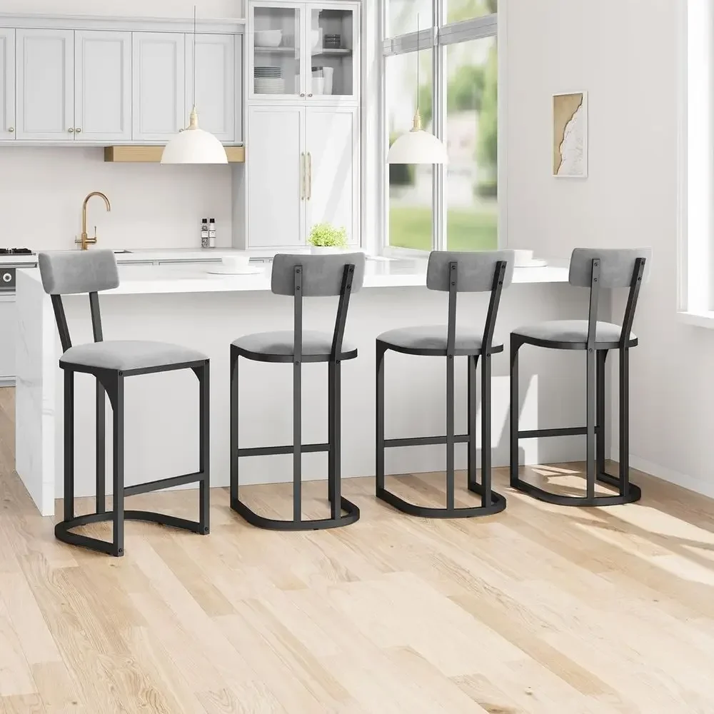 Set of 4 Gray Upholstered Curved Back Metal Counter Height Bar Stools for Kitchen Dining Room