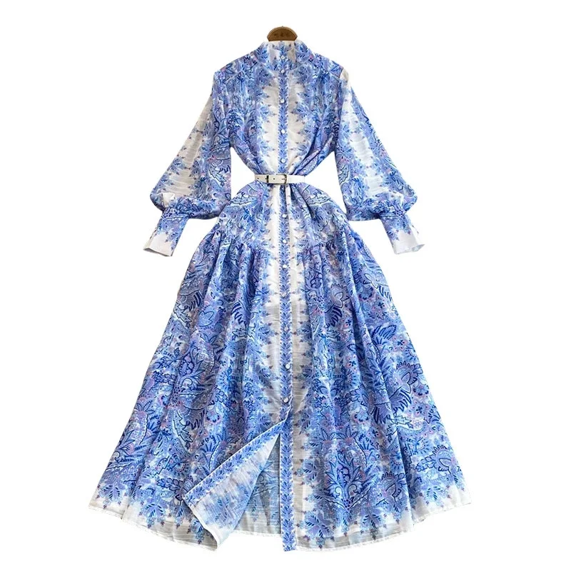 فستان طويل أنيق بطبعة زهور ورقبة عالية وألوان متباينة وأكمام قميص بحزام - فستان ماكسي أنيق للسيدات لفصل الربيع