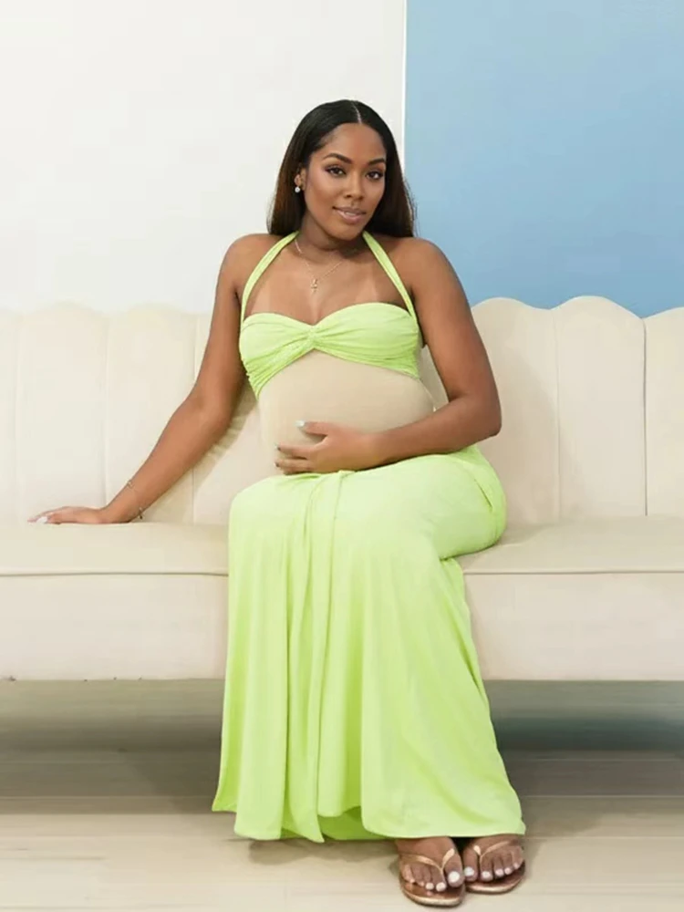 Fairy Maternity Photoshoot Halter Maxi Dress Backless Draped Gown Sleeveless Ruched Pregnancy Outfit Baby Shower Photo Clothes