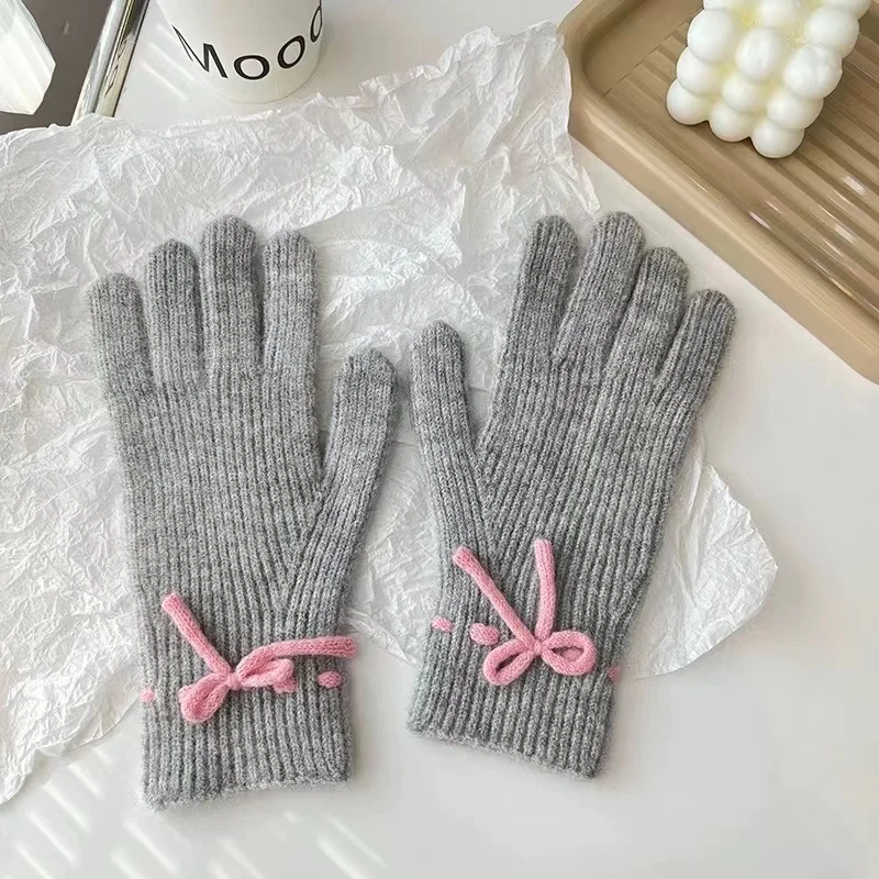 wn-guantes de punto con lazo para mujer, manoplas cálidas para pantalla táctil, dedo completo, Kawaii, japonés, Jk, para ciclismo, accesorios Y2k,