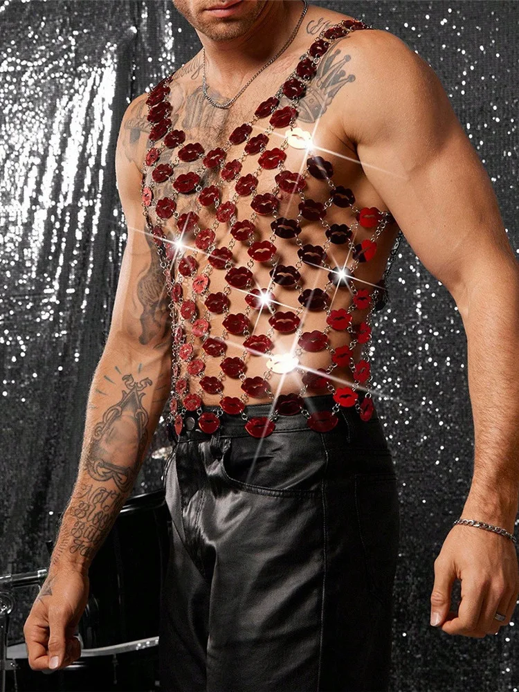 

Unsex Geometric Cutout Tank Top Sexy Red Lips Mirror Acrylic Top Nightclub Performance Wear Rave Party Sheer Mesh Tops