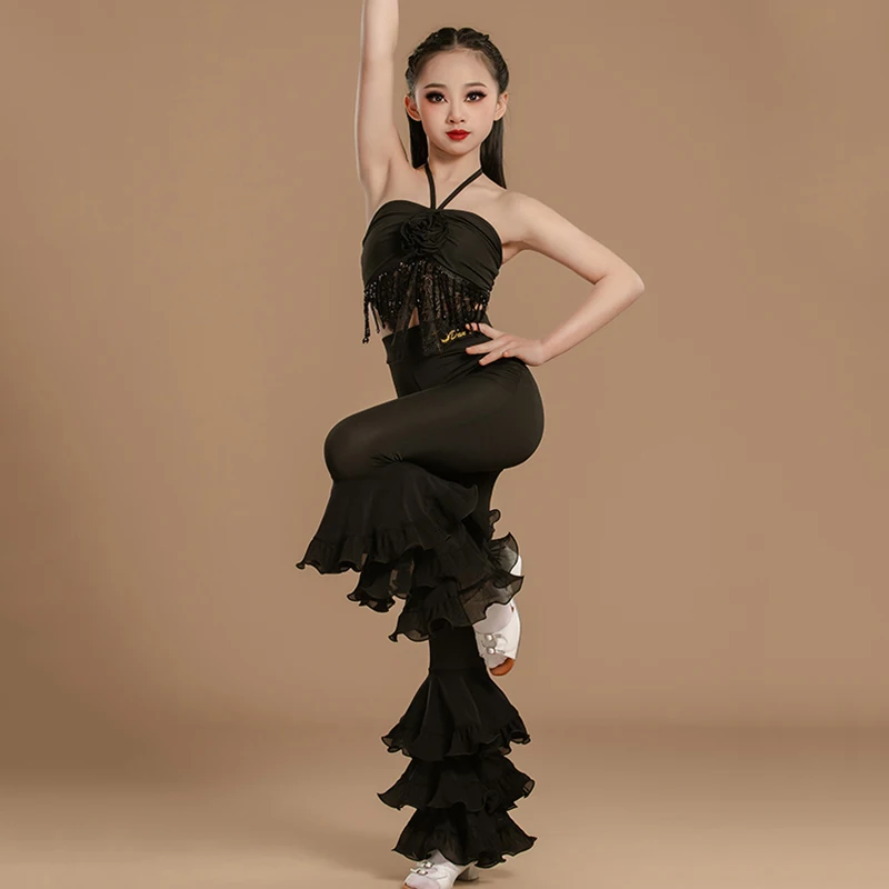

2025 New Girls Latin Dance Clothes Kids Cha Cha Ballroom Dance Performance Suit Black Tops Flare Pants Practice Clothing BL14936