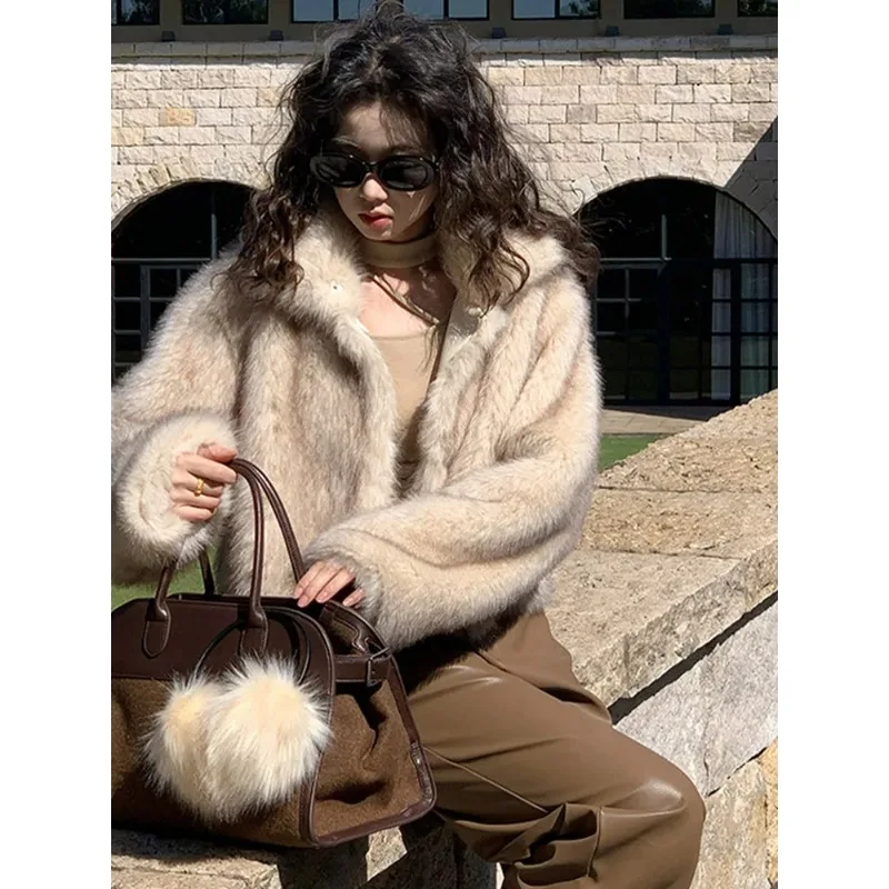 

Модная меховая куртка для женщин, элегантный воротник-стойка, свободный женский кардиган с длинными рукавами, осень-зима, ленивая женская уличная одежда