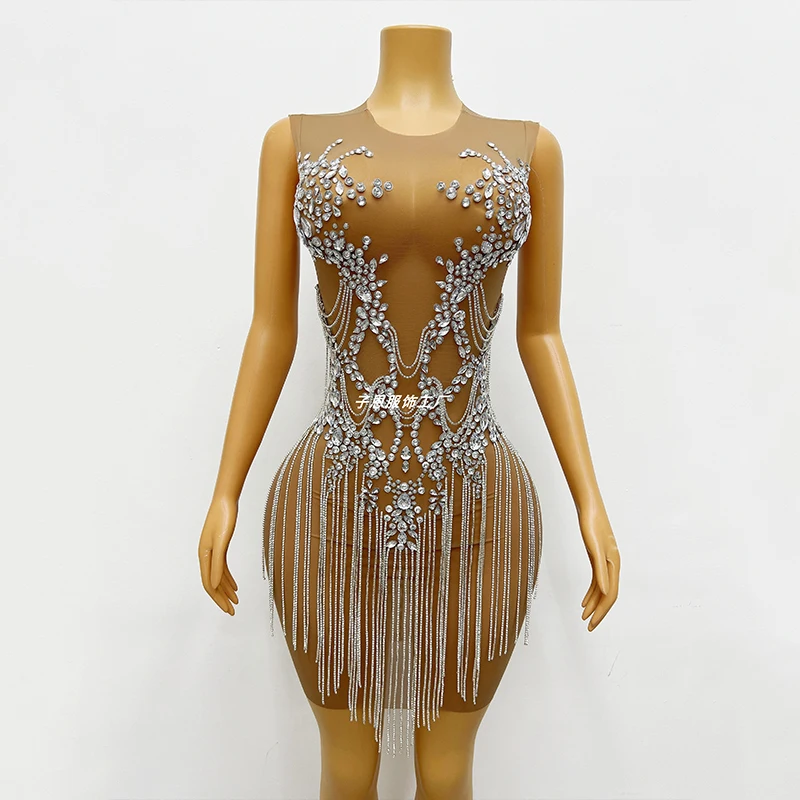 2025 Black Rhinestone Fringe Dress Women Stage Costume Sexy Short Dresses Party Show Rave Outfit Nightclub Ds Gogo Dancewear yk