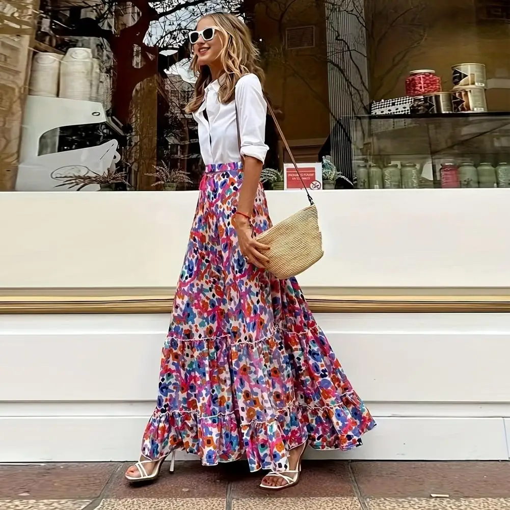 1Pc Bohemian Print Maxi Skirt High Waist Tassel Lace-up Long Skirt Floral Print Ruffle Stitching Hem Women Summer Beach Skirt