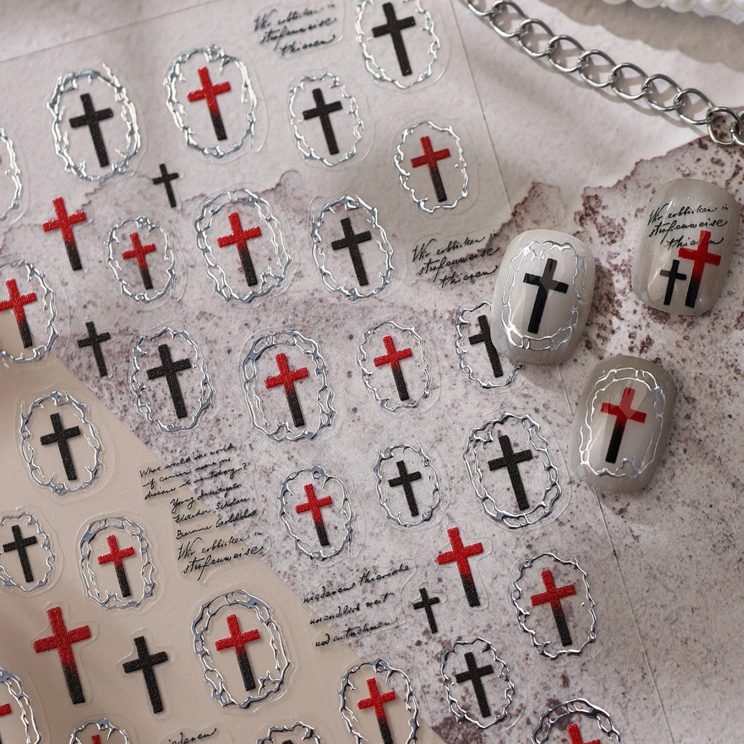 5D Dark Cross Nail Stickers Red Gradient Cross Silver Embossed Border Gothic Vintage Mini Cross Self Adhesive Manicure  Decals