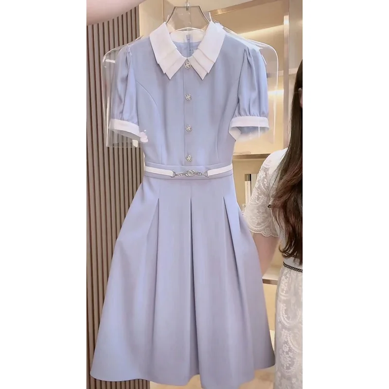 Blue thin shirt dress female 2024 summer and autumn new slim short-sleeved fashion temperament waist sweet Joker skirt.