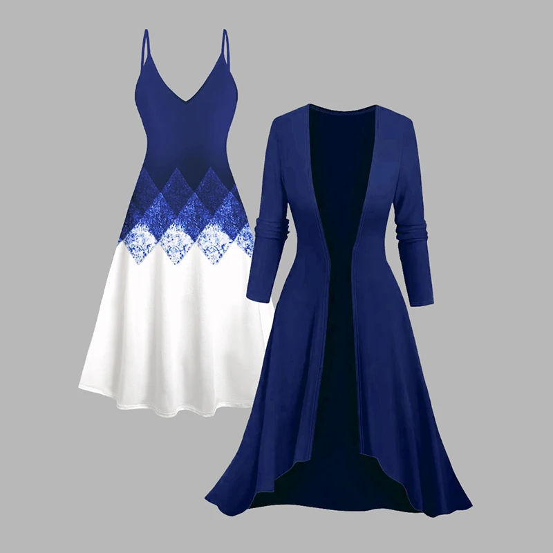 

Dressfo New Women's Dress Geometric Colorblock Print Spaghetti Strap Dress and Open Front Top Set